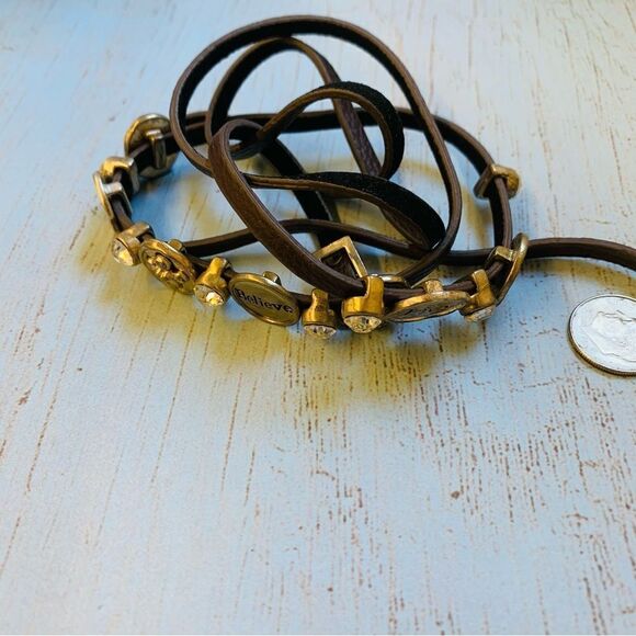 Gold Brown Leather Affirmation Charm Wrap Bracelet - Picture 3 of 3